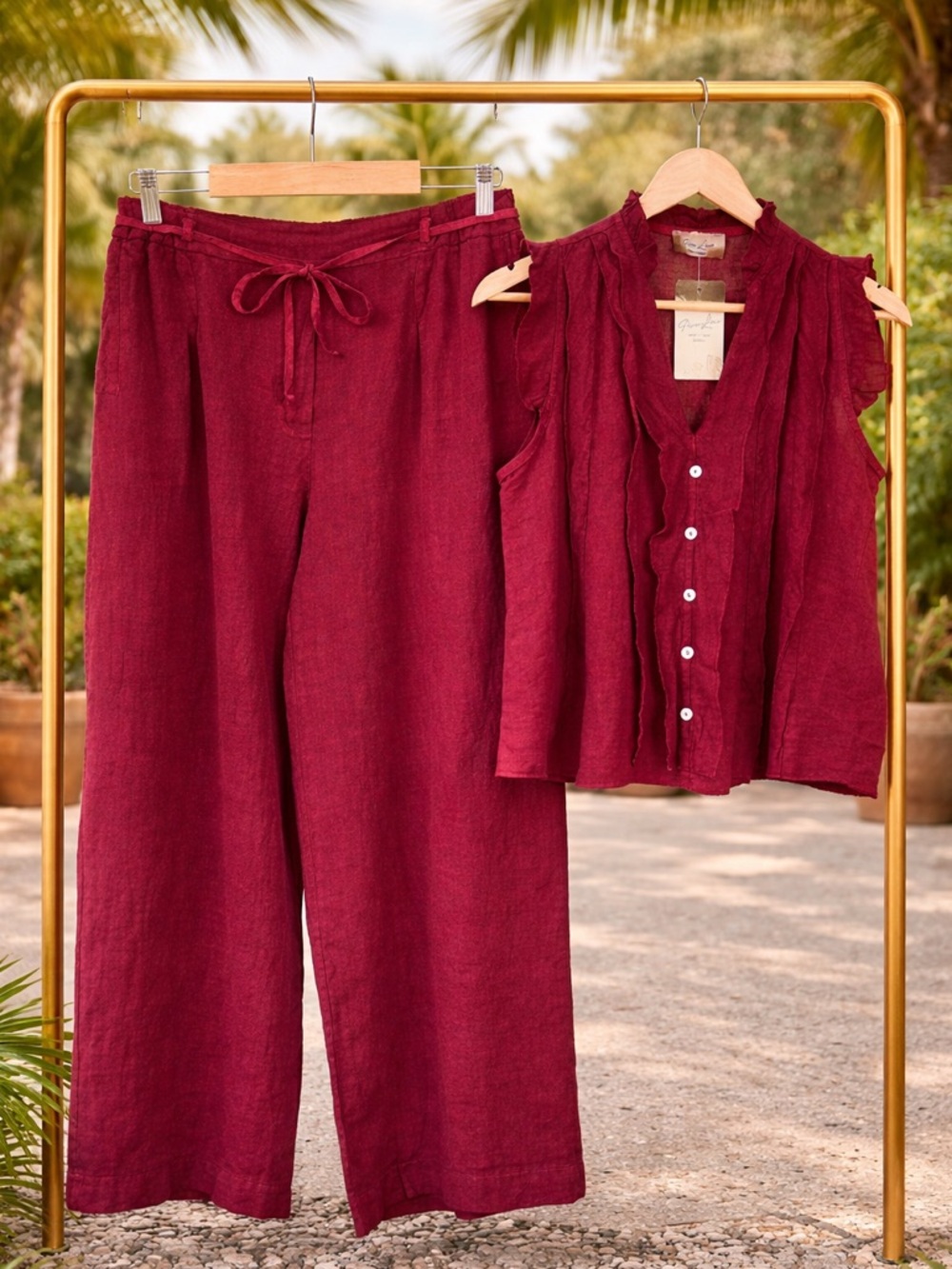 Puro Lino Sleeveless Ruffled Italian Linen Top and Pants Set